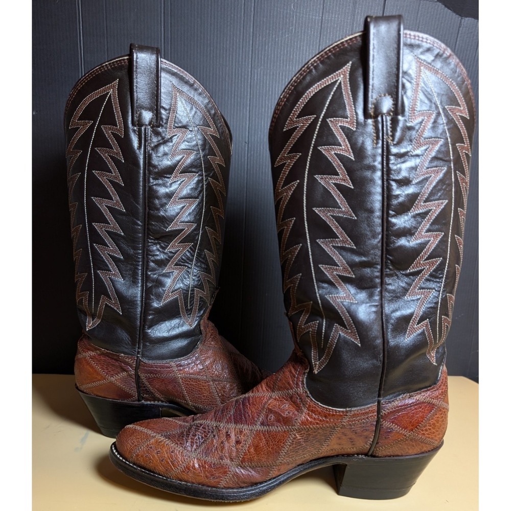 Vtg 1989 Tony Lama Men's Boots Patchwork Exotic Skin Ostrich  Size 8.5 D